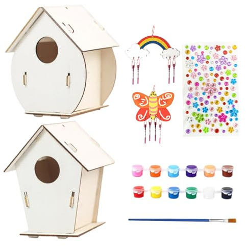 xCasetta per gli uccelli - Kit di montaggio in legno con pennelli, set artigianale per nido costruibile, divertente attività educativa, giocattolo didattico creativo | Progetto artistico da giardino a