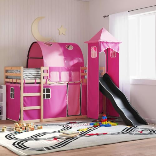 Frdhee Polsterbett Palettenbett, Etagenbett mit Rutsche und Gardinen Rosa 90x200 cm, Robust, Leichte Montage, Umfangreicher Stauraum