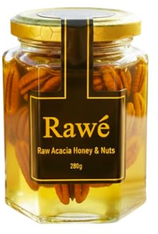 Rawé Raw Acacia Honey with Mixed Nuts, with Almonds, Walnuts, Pecan Nuts, Cashew Nuts and Pistachios, Unpasteurised (Pecans)