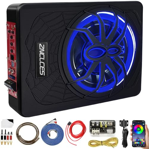 Znclces 2025 Upgraded 10 1200W Slim Under Seat Powered Car Subwoofer, Car/Truck Sub Built in Amplifier for Outstanding Heat Dissipation, Powerful bass and Blue LED (Blue Light)