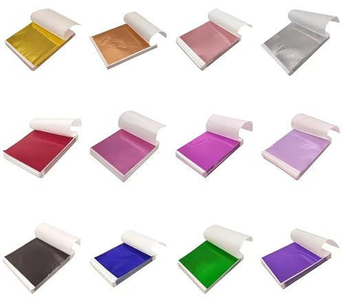 Vyqrx 240 Sheets 12 Colours Imitation Gold Leaf Sheets, Metallic Silver Leaf & Coloured Foil Paper for Arts Crafts, DIY Nails, Phone Case Decoration (20 Sheets per Colour)