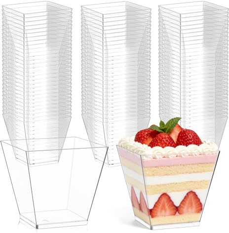 ALEXPRE 50PCS 210ML Square Plastic Dessert Cups for Desserts | Reusable Dessert Pots, Cheesecake Pots, Dessert Bowls, Appetizer cup for Tiramisu, Puddings, Mousses, Party, Birthday Use