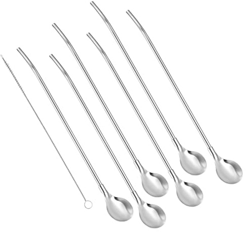 6 cucchiai di paglia con manico lungo con spazzola per la pulizia, in acciaio inossidabile, cucchiaio per mescolare cocktail per tè freddo, frappè, in acciaio inox, cucchiaio di paglia