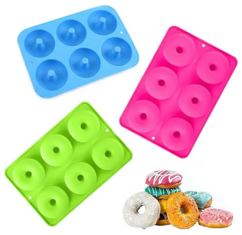 BaiDrivora Doughnut Mould - 3 Pcs 6-Cavity Food Grade Silicone, Non-Stick Donut Mould for Baking, Reusable Doughnut Mould for Donuts Doughnuts, Bagels Muffins (Pink/Blue/Green)
