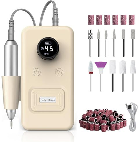 Electric Nail File,45000RPM Professional Nail Drill for Acrylic & Gel Nails,Rechargeable Cordless Nail Drill Set with 12 Bits,Low Noise for Home Salon Beginners & Nail Techs(Yellow)