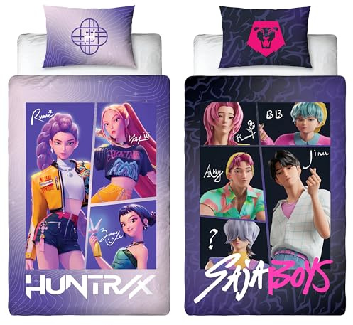 Juego de Funda nórdica Individual con Licencia Oficial de K-Pop Demon Hunters | Ropa de Cama Reversible con diseño «Unite» en ambas Caras, Incluye Funda de Almohada a Juego