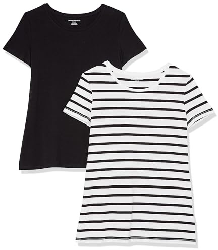 Amazon Essentials Camiseta de Manga Corta con Cuello Redondo y Corte Recto Mujer, Pack de 2, Blanco Rayas/Negro, XXL