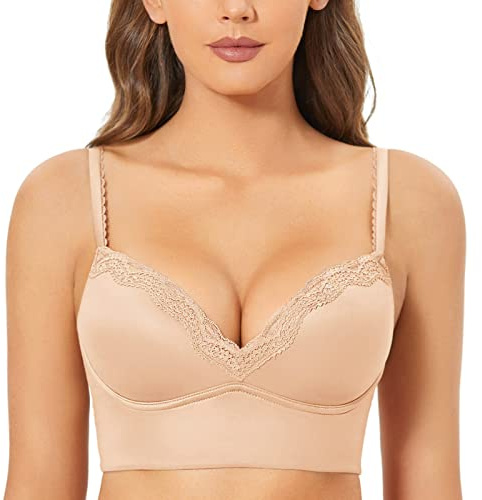 DOBREVA Women's Push Up Bra Padded Wireless Floral Lace Bralette Longline Support Bras Beige 34B