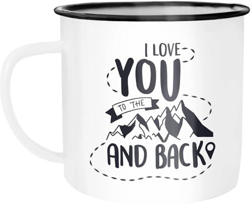 Moonworks® Emaille Tasse Becher I love you to the mountains and back Geschenk Valentinstag Liebe Spruch Wandern Kaffeetasse weiß-schwarz unisize