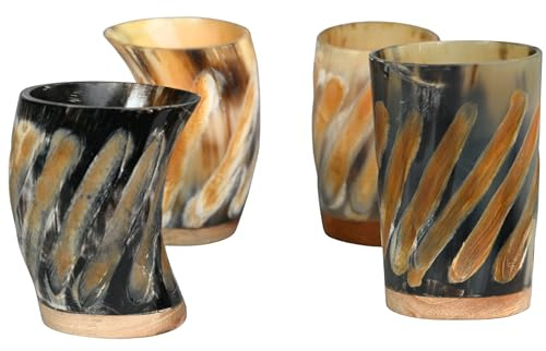 Viking Trinkhorn Set mit 4 Ochsenhorn-Schnapsgläsern, 80 ml, handgefertigt, mittelalterliche Tassen für Ale, Bier, Wein, rustikale Party-Dekoration, nordisches Geschenk & Sammlerstück