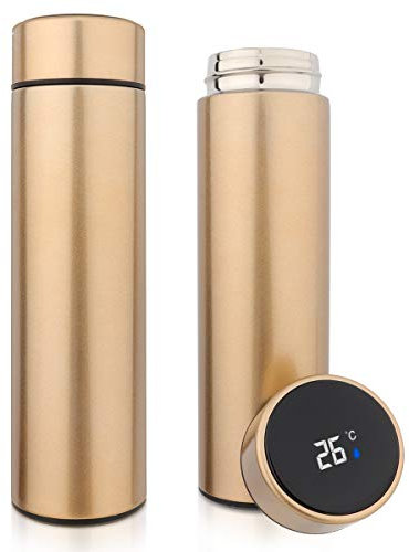QiCheng&LYS 500ML Travel Mug, Flask with Temperature Display Vacuum Cup with Flask 304 Stainless Steel,Insulation Cup, Double Walled Vacuum for Heat and Cold Water (Golden)