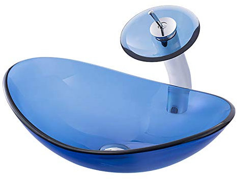 Shower Set Bleu Lavabo Vasque en Verre Trempé, Lavabo Lave-Mains Ovale Vasque à Poser Monter Salle de Bain Lavabo Vasque avec Drain, Robinet Cascade, 540mm * 360mm* 160mm*12mm