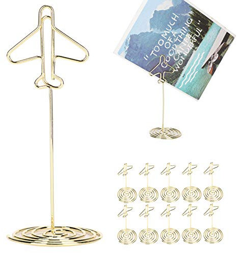 Deror 10 Stück Metallgoldener Flugzeug Memo Halter mit Basis für Hochzeit Party Gatherings Büro Schreibtisch Foto Clips