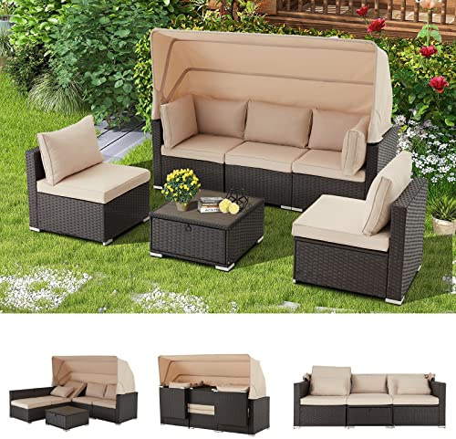 Vicluke 6 Pieces Patio Furniture Sets Outdoor Sectional Sofa Set Rattan Daybed with Retractable Canopy, Adjustable Backrest, Storable Tea Table Rectangle Sunbed for Backyard Garden Poolside(Khaki)