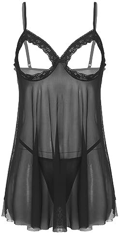 CHICTRY Women's Sheer Lace Lingerie Set Open Bras Nipple Split Mini Dress Chemise Exotic Nightdress Black XL