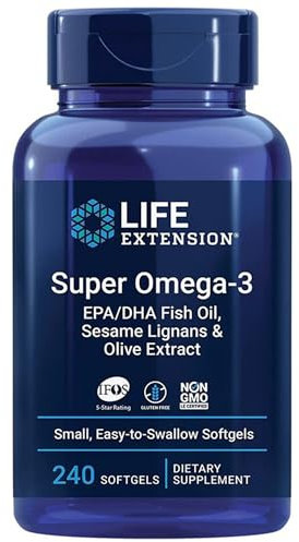 Life Extension, Super Omega-3, avec Huile de Poisson et Acides Gras Essentiels, Hautement Dosé, 240 Capsules molles, Sans Gluten, Sans Soja, Sans OGM