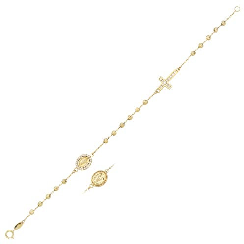 JC Schmuck | Damen Rosenkranz-Armband mit Mutter Maria mit Zirkonia Steine 585 Gold I Kugel Armband mit Kreuz Goldarmband Ankerkette | Länge verstellbar bis 19 cm | 8408