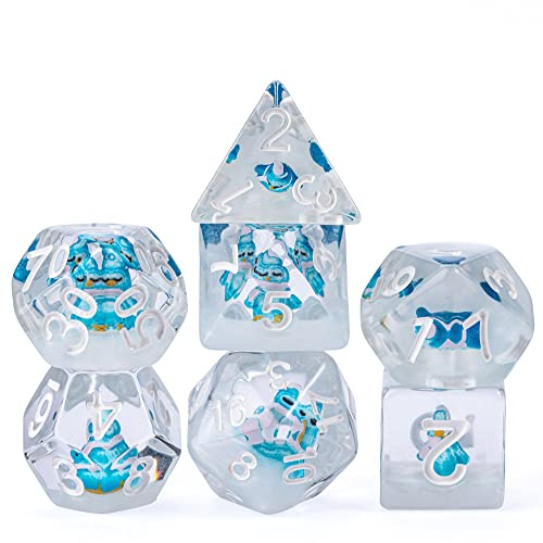 Cusdie Set med 7 tärningar, D&D-tärningar, set med polyedriska tärningar fyllda med djur, för rollspel, spelet Dungeons & Dragons, MTG Pathfinder (blå pingvin)