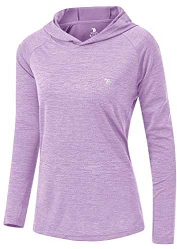 YSENTO Camiseta deportiva de manga larga para mujer, UPF 50+, secado rápido, protección UV, sudadera con capucha y orificios para los pulgares, violeta claro, L