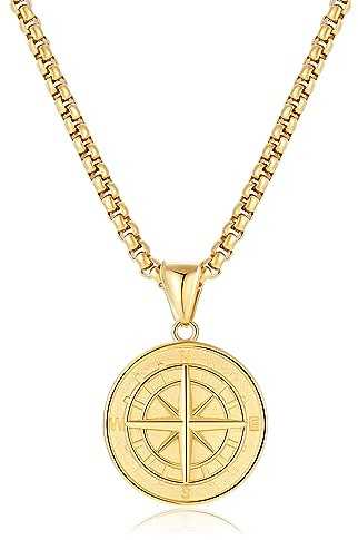 L.Karden Halskette Edelstahl Herren mit Kompass Anhänger 50CM Kette Männer