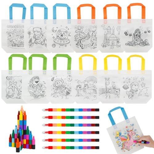 DAOUZL Kind Stoffbeutel Set, 12pcs zum Bemalen und 6pcs Stapelbare Wachsmalstifte(12 Farben in 1), DIY Graffiti Taschen für Kindergeburtstag-Gastgeschenke