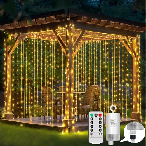 RJEDL Curtain Lights Battery Operated, 6x3m 600LED Garden Fairy Curtain Lights Outdoor Waterproof with Remote, 8 Modes Waterfall Garden String Lights for Patio Gazebo Party Valentine Decorations