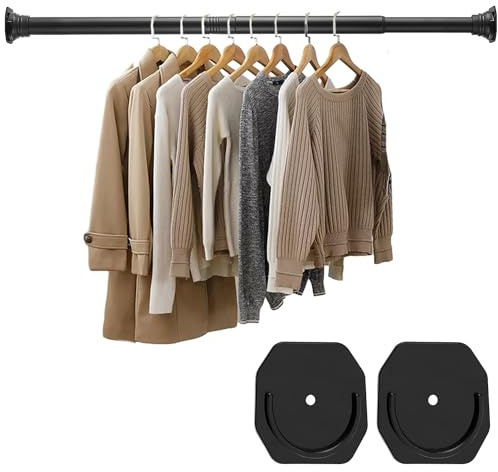 DwelSpire Closet Rod - 30-64 Inches, No Drilling Closet Rod Extender Hanging - Matte Black Adjustable Clothes Hanging Bar, for Closet, Bathroom, Windows with No Drilling Holder