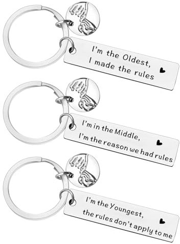 Lot de 3 Porte-clés Argentés pour Frères et Sœurs avec 1 Sac de Rangement Noir 10 x 12 cm - Ensemble Assorti, Cadeaux Amusants pour Parents et Amis