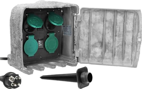 Miratic Presa Multipla da Giardino Effetto Pietra Prese da Esterno Impermeabili 4x2 P+T Schuko Cavo di 3m Protezione Prese Esterne 2 Modi di Funzionamento: Automatico (max.1100W)/Manuale (max.3680W)