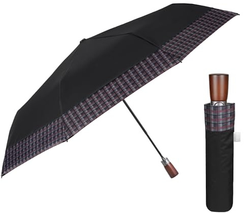 PERLETTI Ombrello Pieghevole Uomo Automatico - Ombrello Antivento Piccolo Portatile Elegante Leggero - Ombrello Mini Resistente Pioggia Portatile da Zaino - Diametro 96 cm (Bordo Scozzese Marrone)
