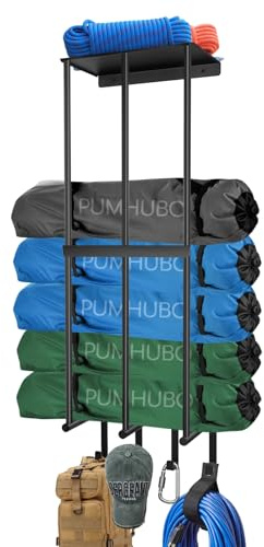 PUMHUBO Camping Chair Wall Storage for Garage - Metal Beach Lawn Chair Rack, Garage Storage and Organization Shelves, Wall Mounted Umbrella Storage Rack Holder with Floating Shelf and 4 Hooks Black