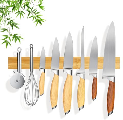 Oziral Bamboo Magnetic Knife Holder for Wall 40cm/16Inch Knife Magnetic Strip Strong Magnet Secure Simple Installation Drill Bamboo Knife Holder for Knives Utensils Tools Wood Colour