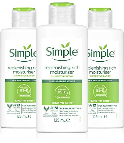 Simple Kind to Skin Replenishing Rich Moisturiser 125ml, 12 Hour Hydration, Pack of 3