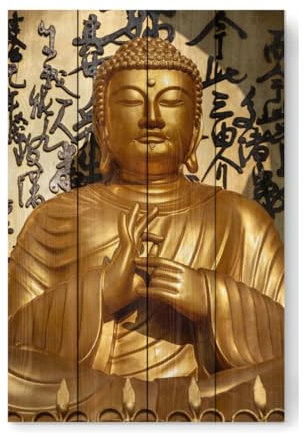 artboxONE Holzbild 60x40 cm Architektur Goldener Buddha von Künstler Die Welt Tanzt Farben