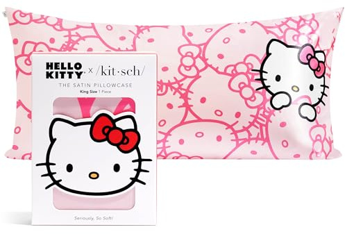 Kitsch x Hello Kitty Satin Pillowcase with Zipper for Hair, Softer Than Silk Pillow Cases King, Cooling Pillow Covers, Machine Washable Wrinkle-Free, Satin Pillow Cases King 19x36, Pink Kitty Faces
