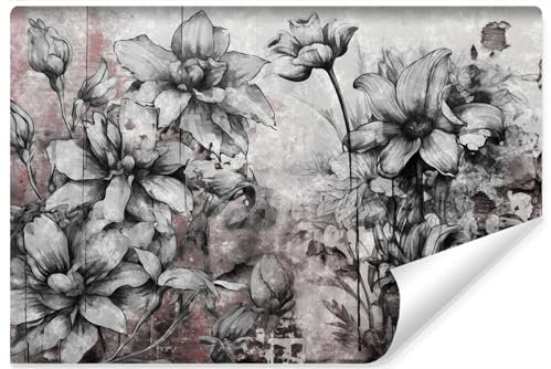 Muralo - Fototapete 3d Effekt - Selbstklebende Tapete 3d - Tapeten für Wohnzimmer Schlafzimmer - Fototapete selbstklebend - Graue Blumen Beton-Optik Motiv - Br.405cm x Hö.270cm