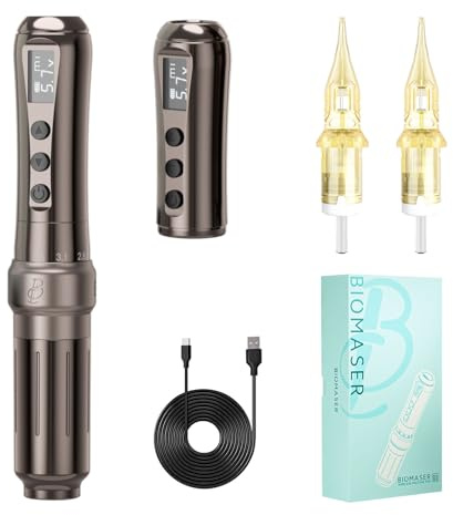 Biomaser U1 Wireless Permanent Make-up Maschine | Sechstakt verstellbarer kabelloser Stift mit 2 1000mAh Akku OLED Display für Permanent Make-up (Kaffee)