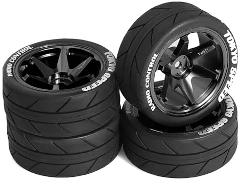 Chanjorlin 1/10 On Road Tires and Aluminum Wheels 12mm Hex RC Rally Racing Tyres OD 2.56 for Tamiya TT01 TT02 XV01 TA06 A959 PTG2 HPI KYOSHO PTG2 Traxxas 1:10 Street Touring Drift Car 4PCS (Black)