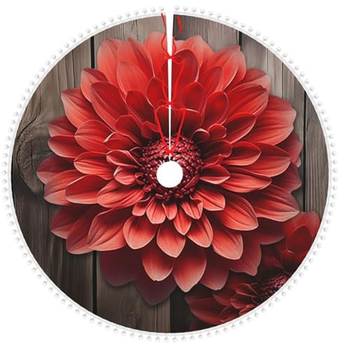 Christmas Tree Skirt with Pom Pom Trim Soft Plush Xmas Tree Mat Flower Red Dahlia Christmas Tree Skirts for Holiday Party Xmas Tree Ornaments Farmhouse Xmas Tree Skirt for Christmas Decorations