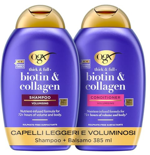 OGX Set Capelli Shampoo e Balsamo Thick & Full + Biotin & Collagen con shampoo capelli fini e balsamo volumizzante capelli, Kit con prodotti per capelli fini e diradati, 2 x 385 ml – Esclusiva Amazon