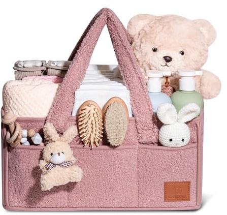 GABI STORE Nappy Caddy Organiser Changing Basket Baby Essentials Baby Hamper Basket Portable Travel Bag Luxury Soft Fabric Rabbit Key Ring Detachable Compartments Large Capacity Long Handles Pink