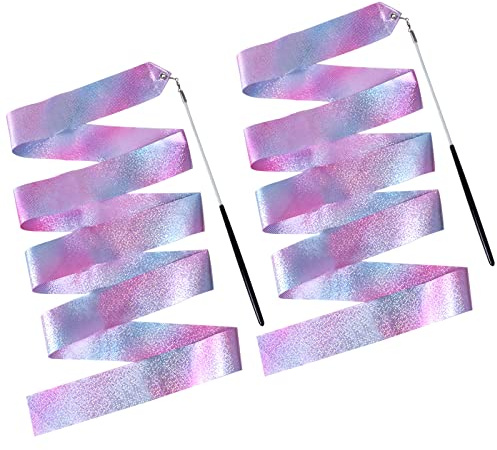 Dewocke 2PCS Gymnastic Ribbon 2M with Wand, Sparkling Dance Ribbon, Dance Ribbons for Kids, Twirling Baton, Long Ribbon Streamers, Rhythmic Gymnastics for Kids Artistic Dancing Training Party Favors