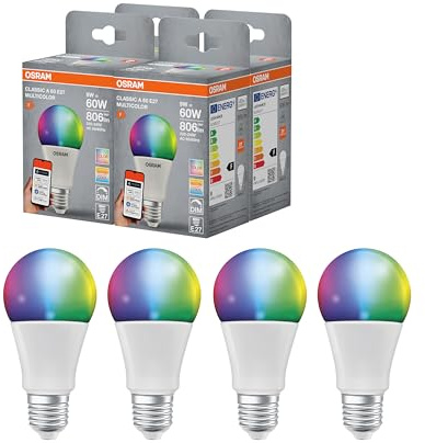 OSRAM SMART+ RGBW, E27 LED-lampa med Matter over Wifi, speciellt utformad för ALEXA - enkel installation med ett klick, ersätter 60W, varmvit till kallvit (2700-6500K), 16 miljoner RGB-färger, 4-pack