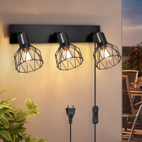 Kimjo Wandlampe mit Schalter, Stecker und Drehbarer 3-Flammiger - Schwarz Deckenlampe mit Kabel, Wandspot E14 ohne Leuchtmittel