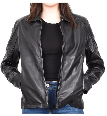 Divergent Retail Chaqueta de motociclista de piel de cordero prémium para mujer, cierre de cremallera, abrigo clásico, color negro Itziar, Negro, 50