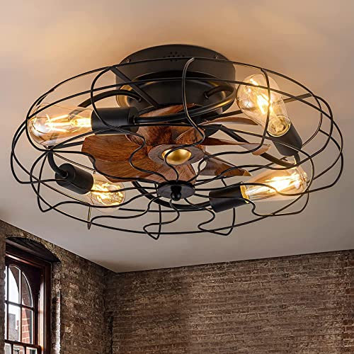 Vintage Industrial Bladeless Caged Ceiling Fan with Lights and Remote Control for Living Room Dining Room Black Cage Fandelier