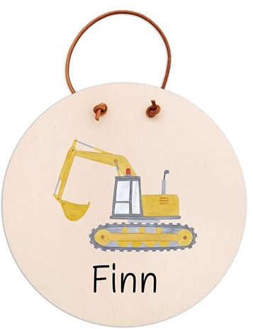 wunderwunsch Türschild Kinderzimmer, Namensschild, Holzschild Kinder personalisiert, Kids and Baby, Deko Babyzimmer individualisiert (Bagger, 20cm Durchmesser)