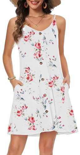 Koerye Strandklänning Baddräkt Avslappnad Ärmlös Klänning med V-ringning Sommar Spaghettiband Klänningar Bikini Cover Up Sommar, Vit blomma, L
