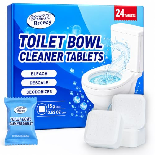 OceanBreezy Toilet Bowl Cleaner Bleach Tablets – Deep Cleaning & Deodorize, Effectively Removes Hard Stains (24-Pack Year Supply), Septic-Safe, Bathroom Cleaning Supplies