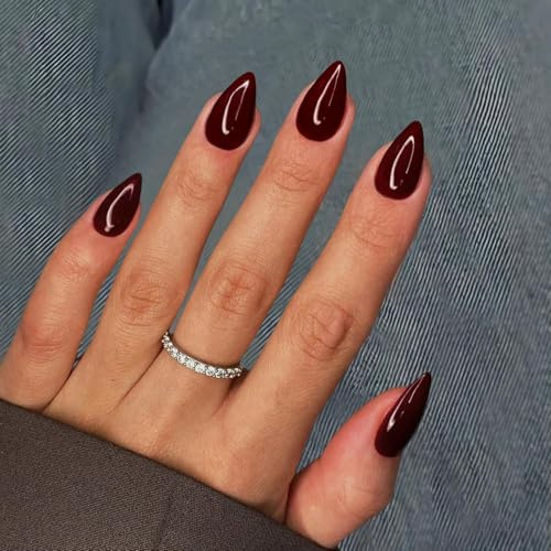KQueenest 30 Stück Burgunderrot Press On Nails Kurz Mandel - Acryl Nägel zum Aufkleben, Natürlich Einfarbig Fake Nails Fingernägel zum aufkleben, Glänzende Gel Full Cover Kunstnägel für Frauen